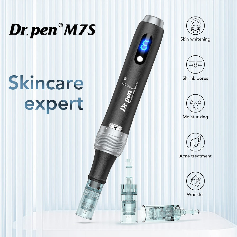 Dr. Pen M7S microneedling-penna med LED-display och utbytbara nålpatroner, designad för professionell hudbehandling som minskade porer, återfuktning och förbättrad hudstruktur.