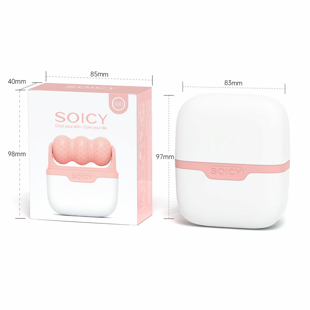 Ice Roller Soicy S30 med produktlåda och måttangivelser – rosa och vit ansiktsroller i kompakt förvaringsfodral.
