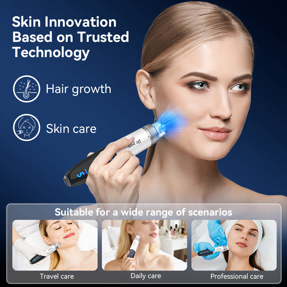 Kvinna använder Bio Pen Q1S microneedling med blått LED-ljus för hudvård och hårstimulering, med exempel på användning i resor, daglig vård och professionell behandling.