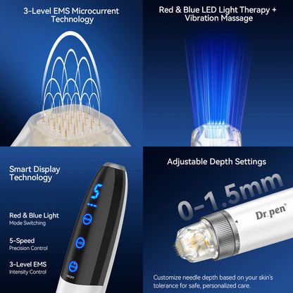 Bio Pen Q1S microneedling med 3-nivå EMS-mikroström, rött och blått LED-ljus, smart display samt justerbart nåldjup 0–1,5 mm för avancerad hudbehandling.