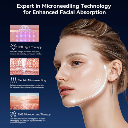 Bio Pen Q1S demonstrerar microneedling, LED-ljusterapi och EMS-mikroström på ansiktshud för förbättrad absorption och hudföryngring.