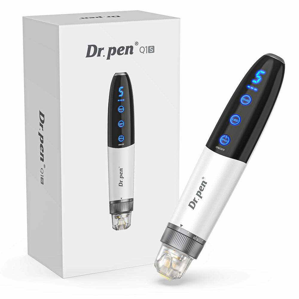Bio Pen Q1S microneedling-penna med LED- och EMS-funktioner, visad tillsammans med produktförpackning för professionell hudbehandling.