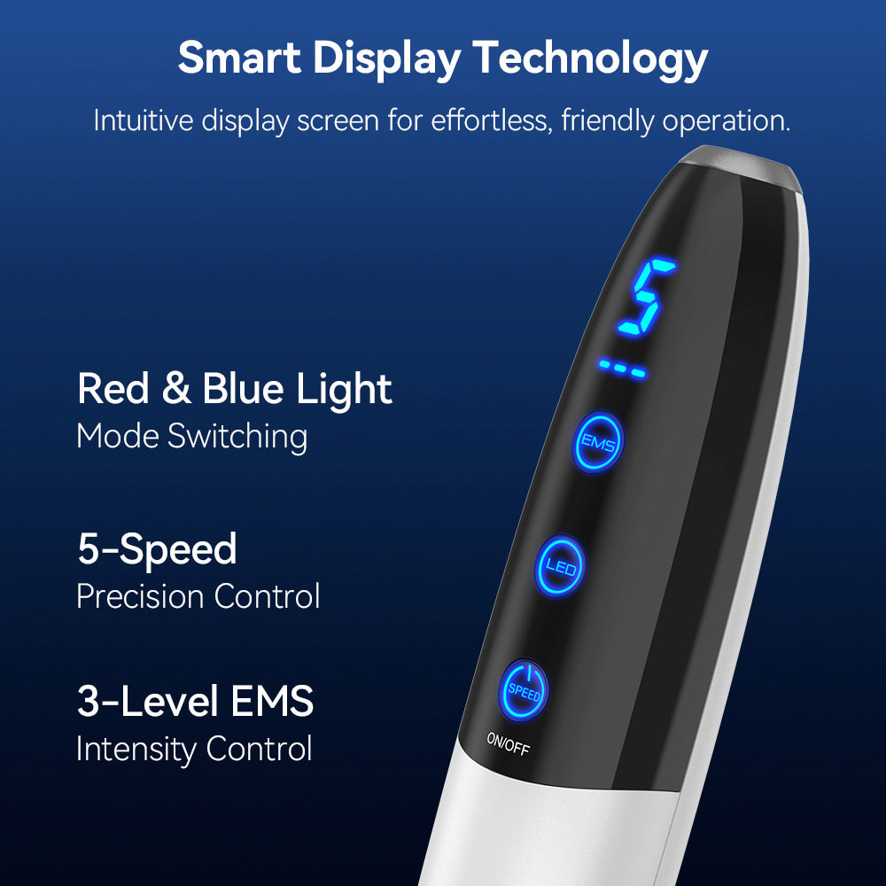 Bio Pen Q1S med smart displayteknologi som visar rött och blått ljusläge, 5 hastigheter och justerbar EMS-intensitet för avancerad microneedlingbehandling.