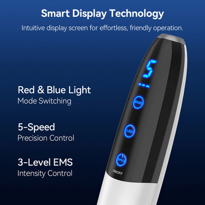 Bio Pen Q1S med smart displayteknologi som visar rött och blått ljusläge, 5 hastigheter och justerbar EMS-intensitet för avancerad microneedlingbehandling.