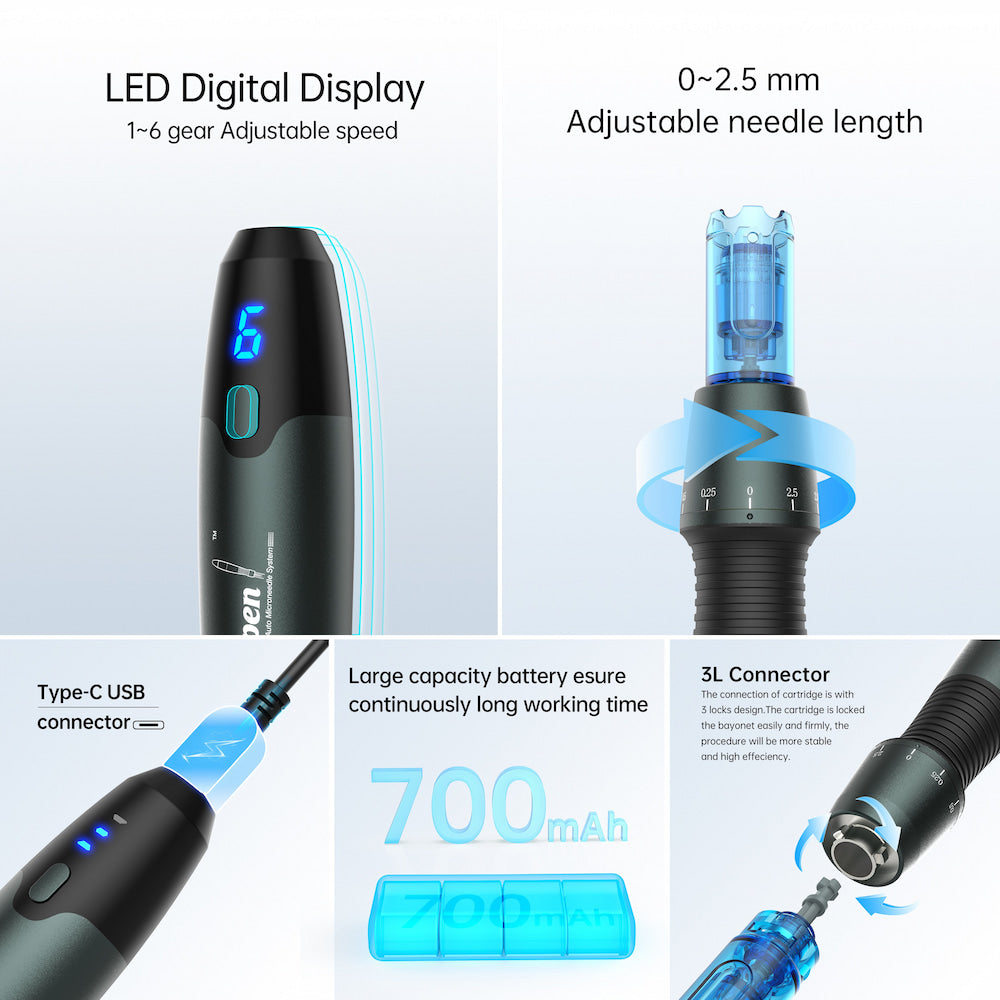 Dr. Pen A20 microneedling-penna med LED-display, justerbart nåldjup 0–2,5 mm, Type-C laddning, 700 mAh batteri och stabil 3L-connector för säkrare behandling.
