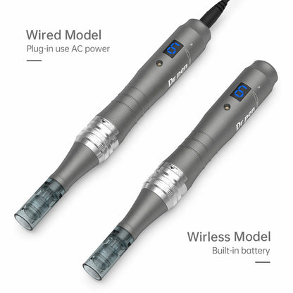 Jämförelse mellan Dr. Pen M8 trådansluten modell med sladd och den trådlösa modellen med inbyggt batteri, båda med nålhuvud monterat.