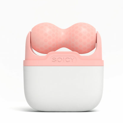 Ice Roller Soicy S30 i rosa – kylande ansiktsroller i förvaringsfodral sedd framifrån, idealisk för att minska svullnad och ge uppstramande effekt.